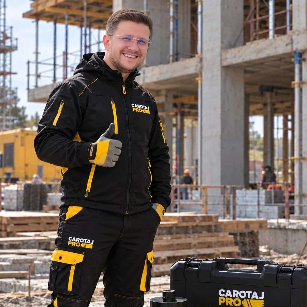 Andrei, administratorul Carotaj PRO, pe șantier, lângă coroanele diamantate