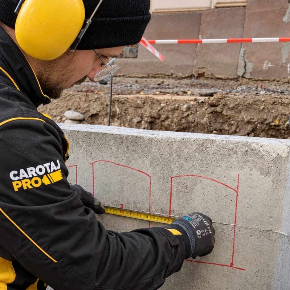 Tehnician Carotaj PRO măsurând și trasând golurile pe un perete de beton